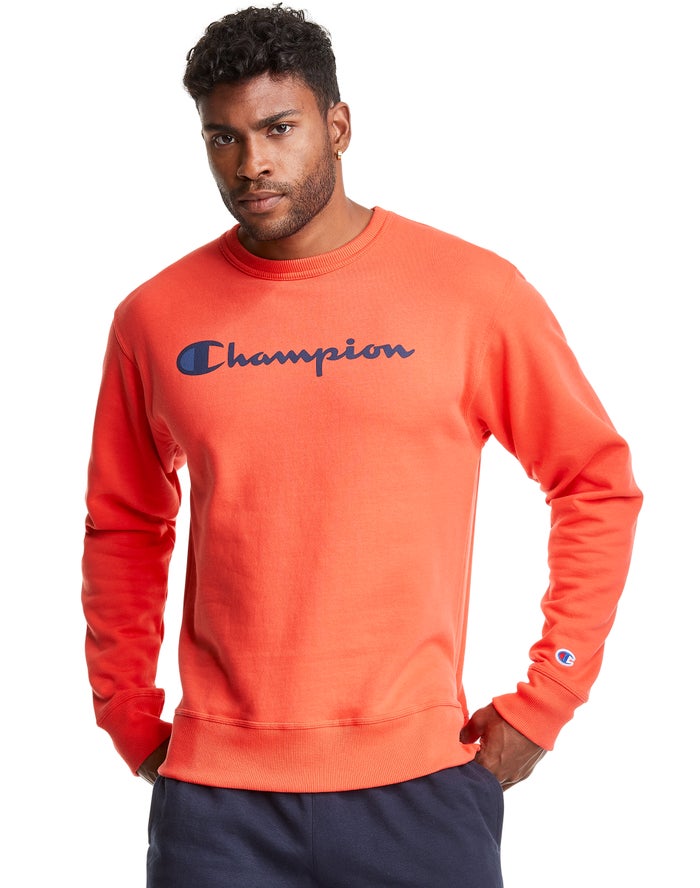 Champion Mens Sweatshirt NZ - Powerblend Fleece Crew Script Logo Orange ( 0648-FQTGX )